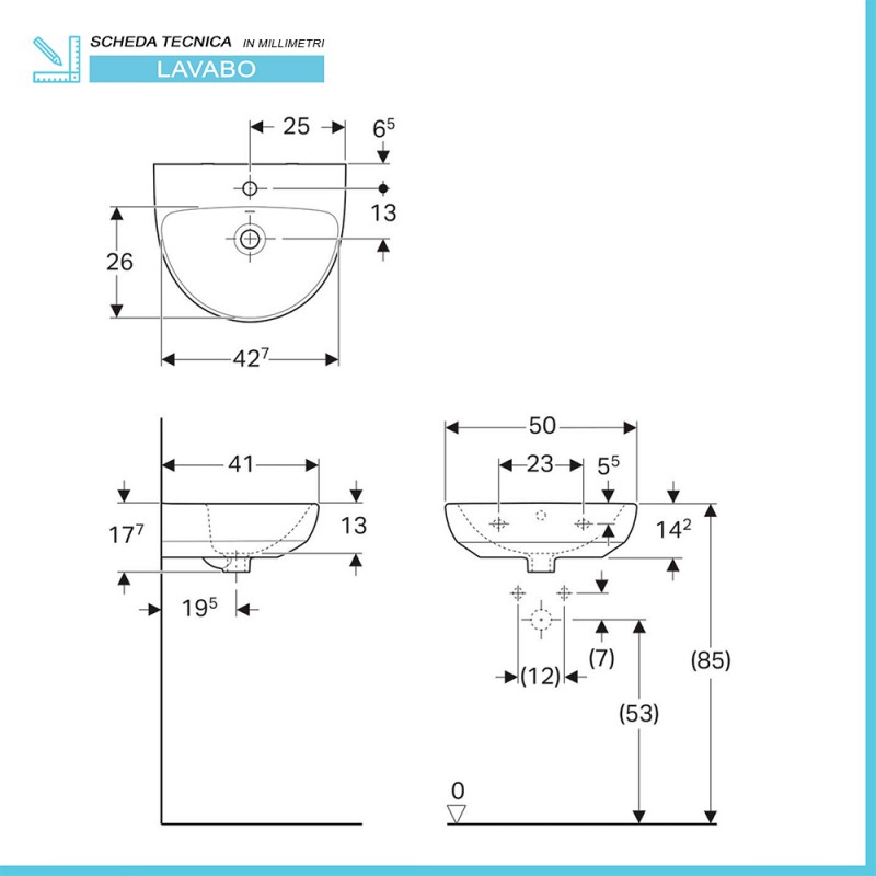 Lavabo sospeso 65cm lavandino bagno ceramica 1 e 3 fori Geberit Selnova