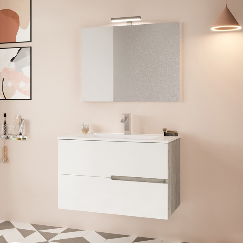 Mobile bagno sospeso 80 rovere grigio e bianco con lavabo e specchio  Eva