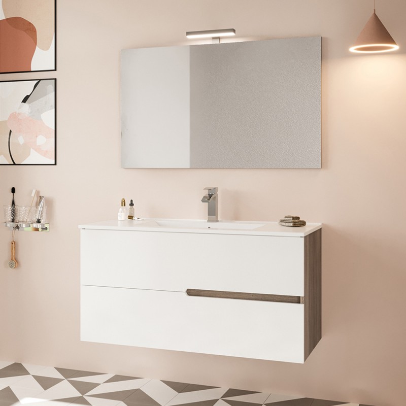 Mobile bagno sospeso 100 rovere grigio e bianco con lavabo e specchio  Eva