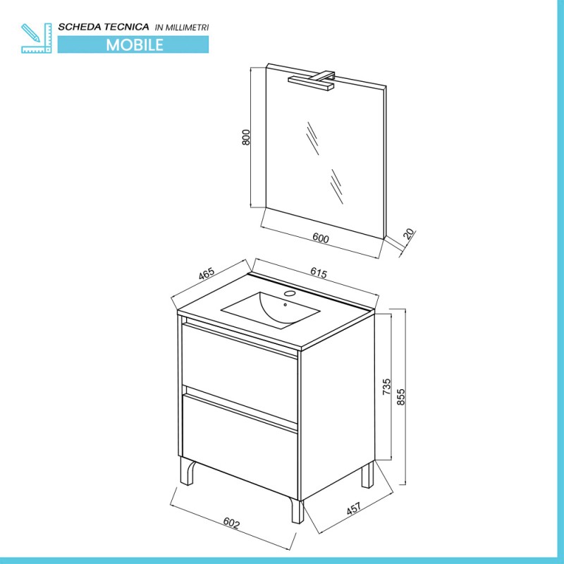 Mobile bagno rovere grigio completo lavabo in ceramica + specchio led 100 x  60 cm da selezionare in fase di ordine - Vendita Online ItaliaBoxDoccia