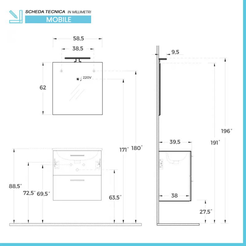 Mobile bagno sospeso MIAMI 60 cm Bianco Lucido con lavabo