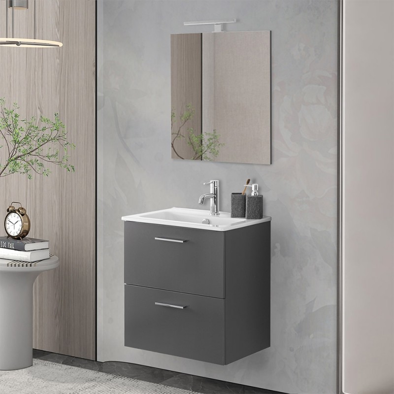 Mobile bagno sospeso 60 antracite lucido con lavabo e specchio  Miami