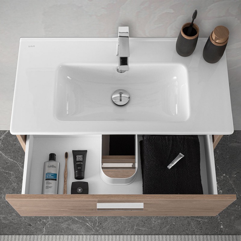 Mobile bagno salvaspazio a terra, 3 cassetti L.63 cm, bianco con inserti  specchio