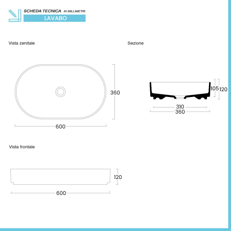 Lavabo da appoggio ovale in ceramica bianco lucido serie DRV cm 60