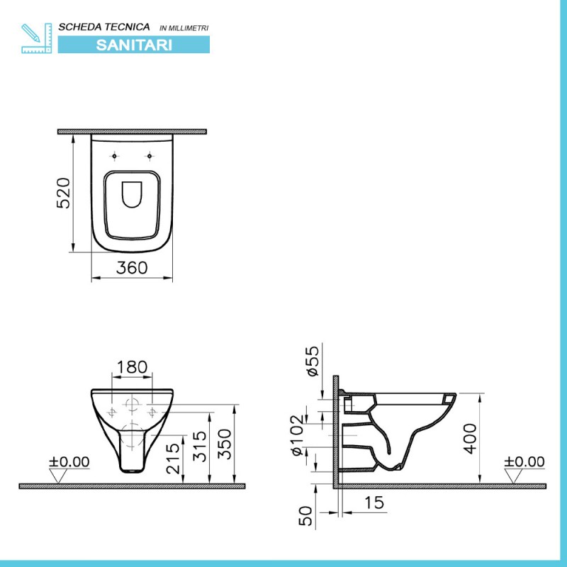 Inbagno Coppia Sanitari Sospesi Rimless, Ceramica Bianco, Compatto  Salvaspazio profondità 48.5 cm, Completo di Copriwc rallentato : :  Fai da te