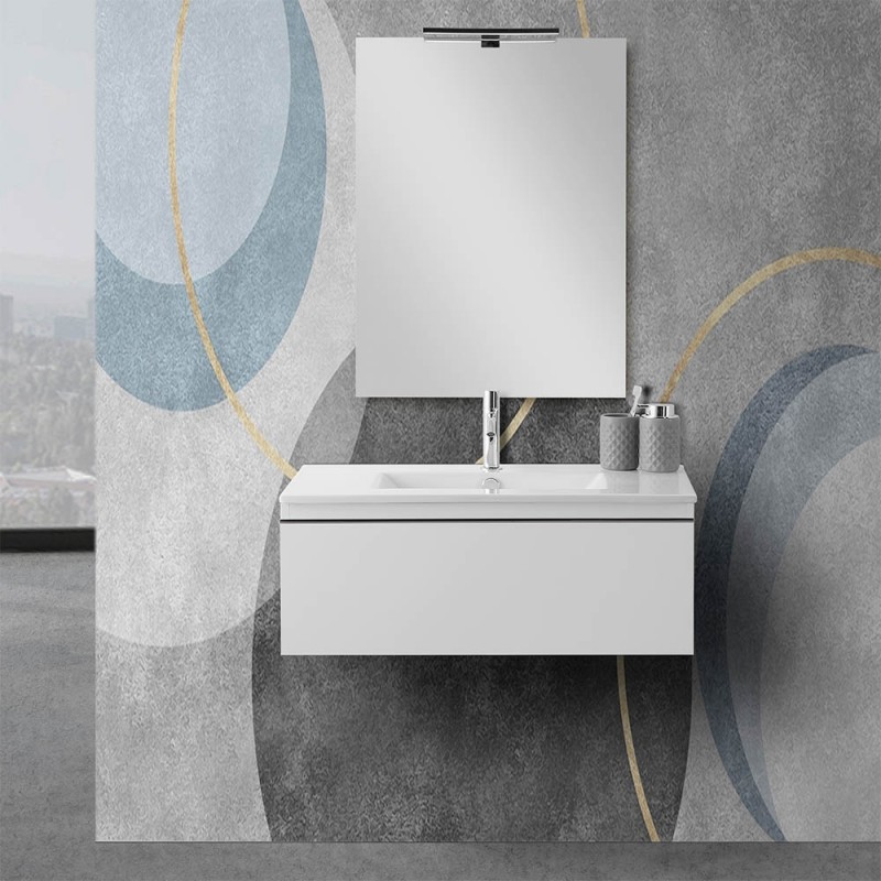 Mobile da bagno sospeso 80cm bianco lucido con lavabo e specchio mod. Hana