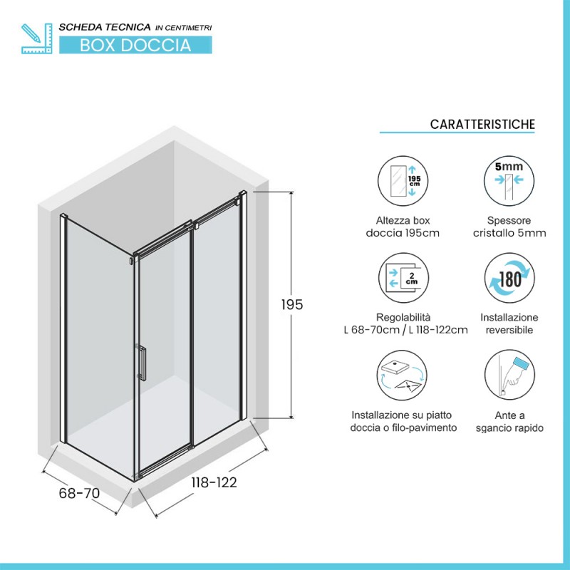 Cabina Box Doccia Elite Angolare 70x120 cm Scorrevole Trasparente Cristallo  6 mm Temperato : : Fai da te