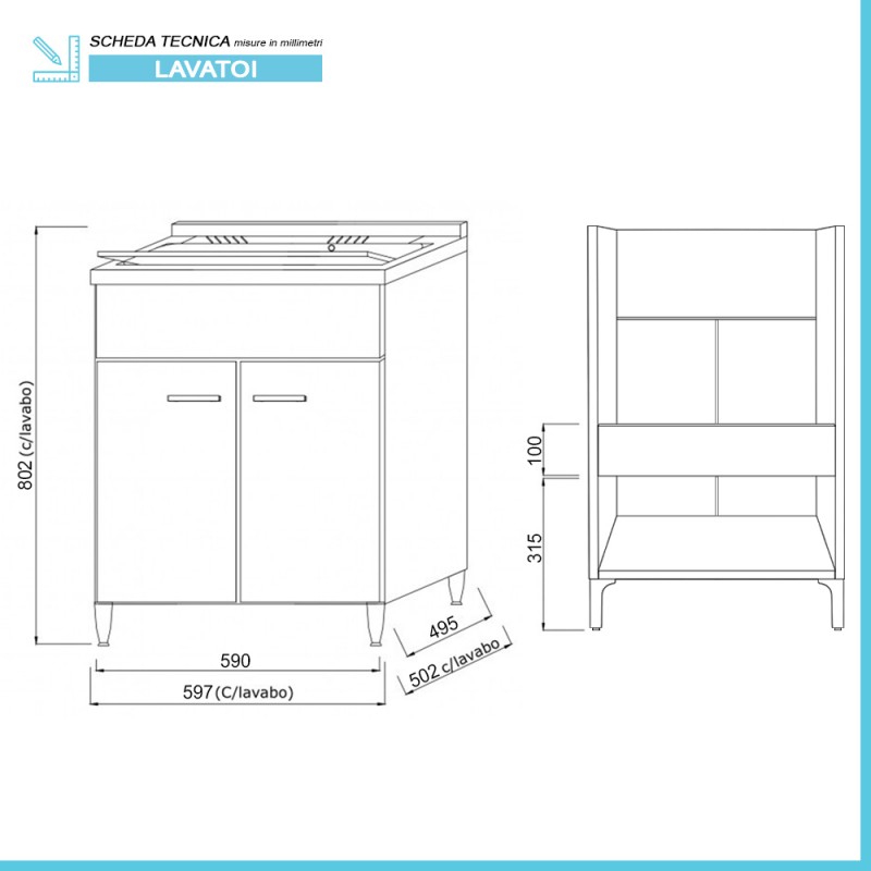 Kit mobile lavatoio in legno rovere bianco 60x50 cm. Lavatoio lavanderia  con vasca e tavoletta lavaggio in polipropilene, ideale anche per l'esterno.