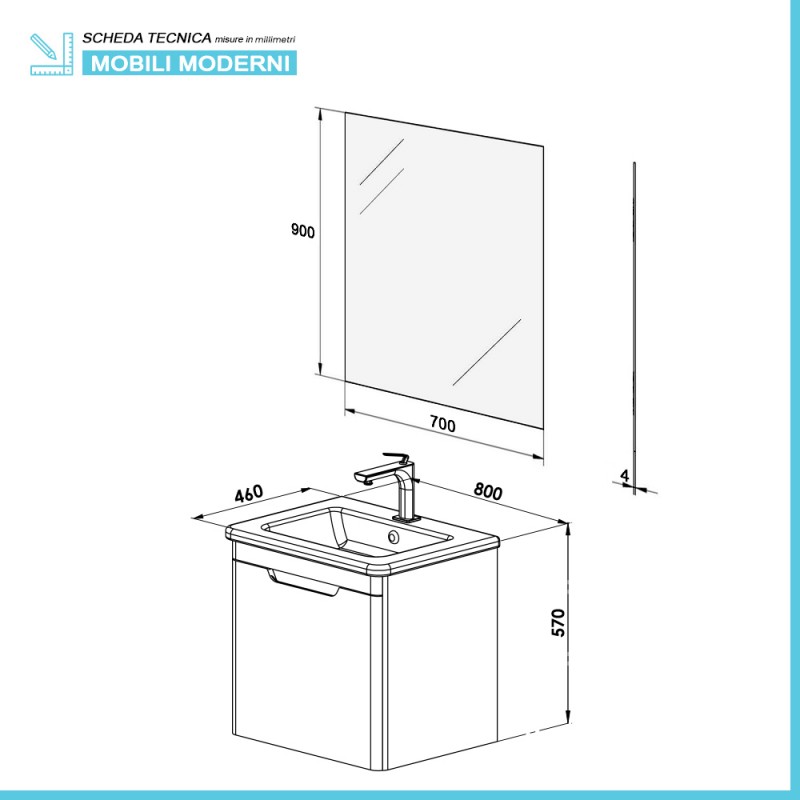 Mobile bagno sospeso 80 cm antracite lucido con specchio 70x90 Stillo