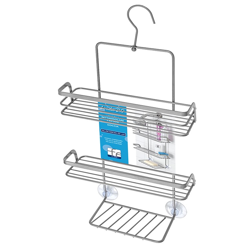 Mensola doccia portaoggetti in acciaio grigio con gancio e ripiani 