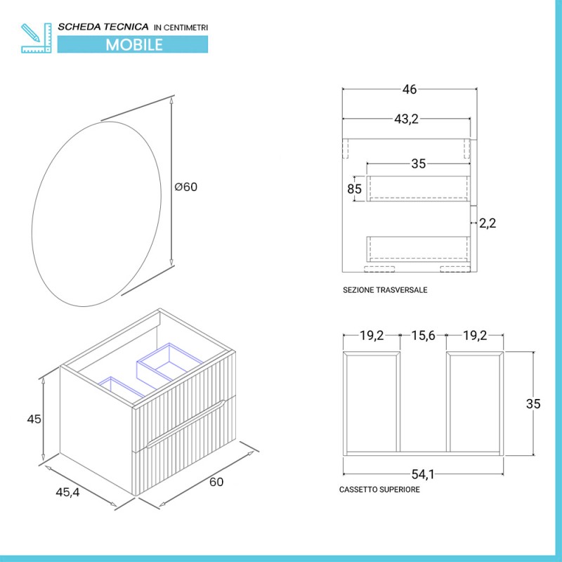 Mobile bagno sospeso cannettato 60 cm bianco opaco con specchio