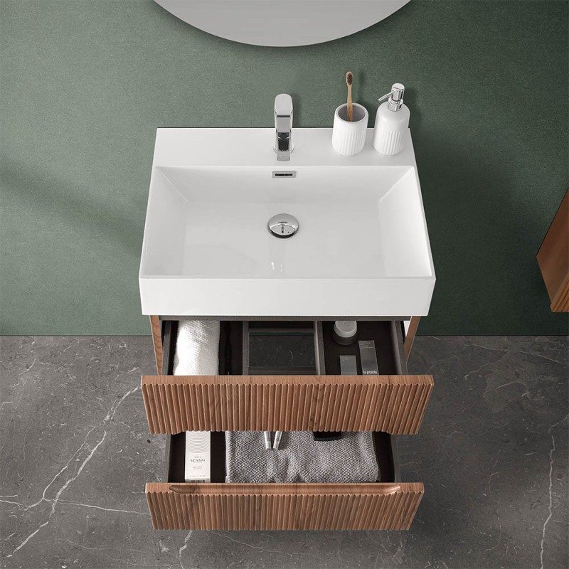 Mobile bagno sospeso cannettato 70 cm noce canaletto con specchio