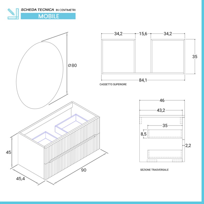 Mobile bagno sospeso cannettato 90 cm noce canaletto con specchio