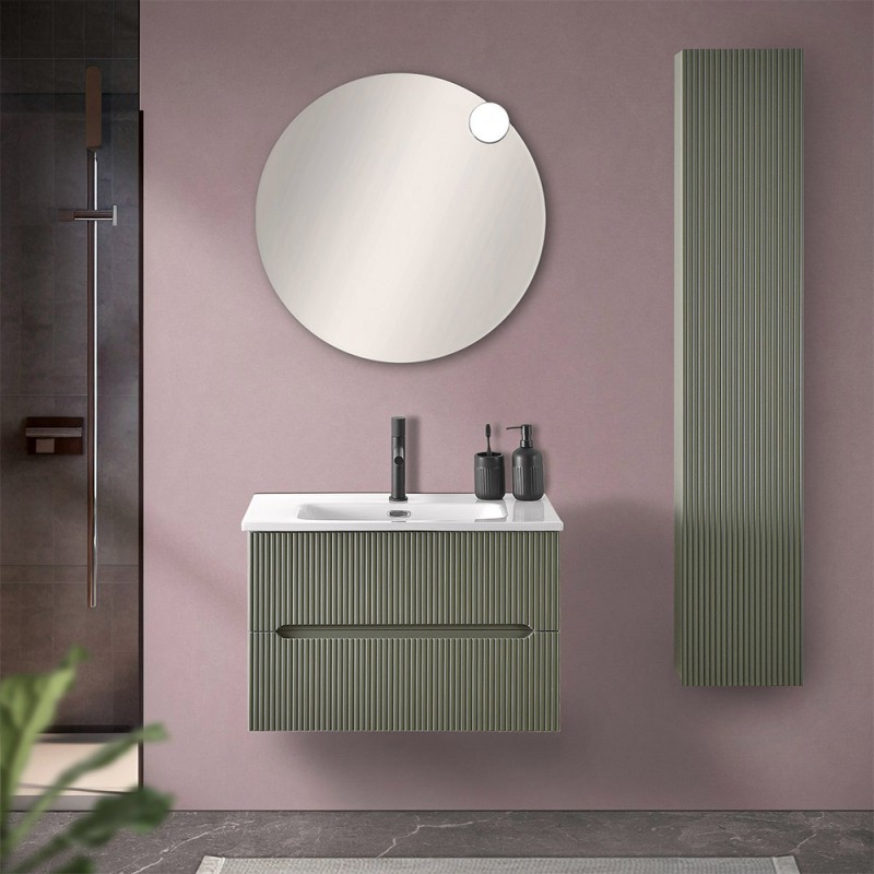 Mobiletto bagno sospeso cannettato 70 cm verde con specchiera  Bali