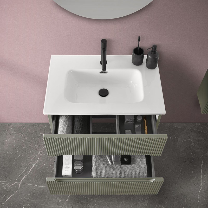 Mobile bagno sospeso cannettato 70 cm verde con specchio