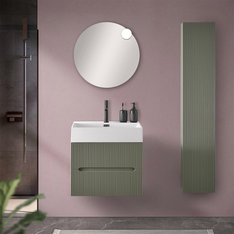 Mobiletto bagno sospeso cannettato 60 cm verde con lavabo  Bali