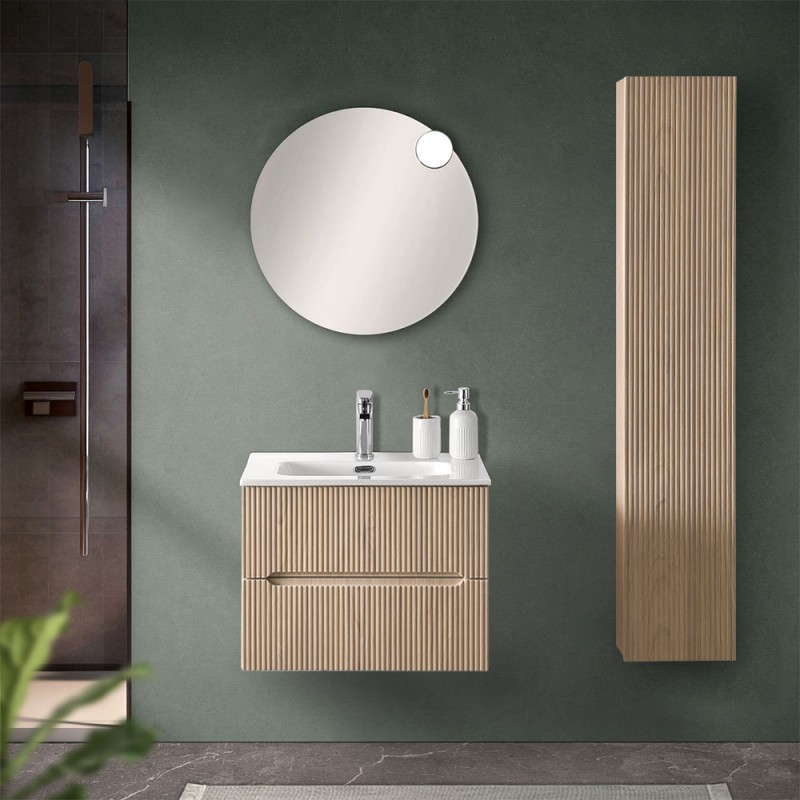 Mobiletto bagno sospeso cannettato 60 cm teak sabbiato con specchio  Bali