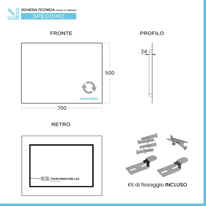 Specchio bagno 50x70 cm illuminazione perimetrale e installazione  reversibile