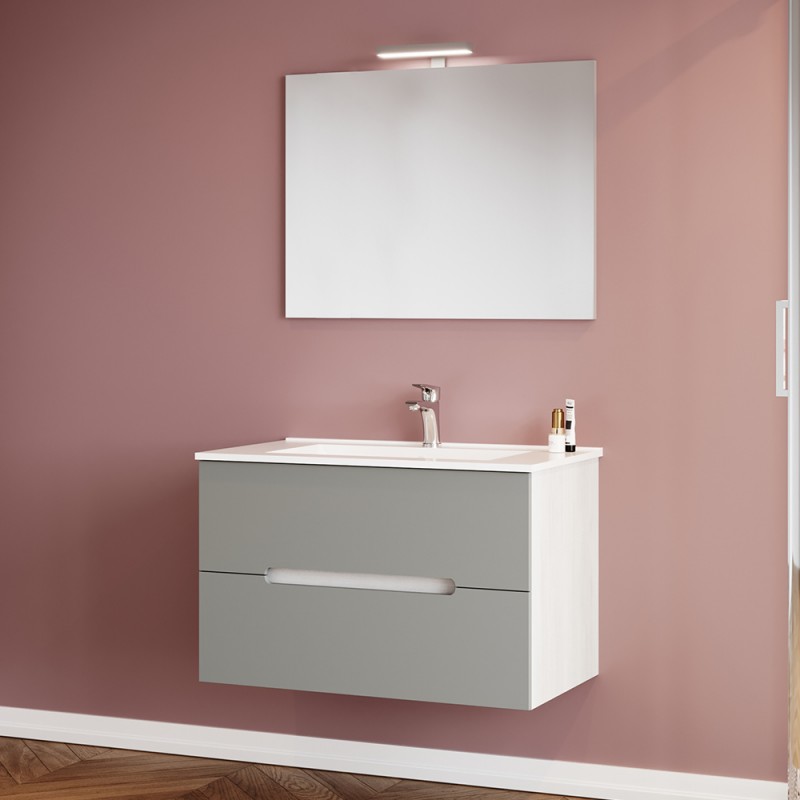 Mobile bagno sospeso 80 rovere bianco e tortora con lavabo e specchio  Iris