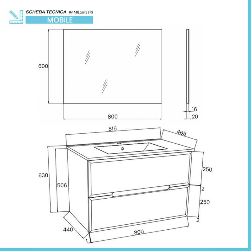 Mobile bagno sospeso 80 rovere bianco e tortora con lavabo e specchio