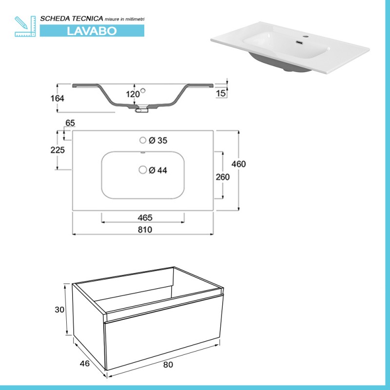 Mobile sospeso 80 cm blu pastello doppia base lavabo e specchio Iside