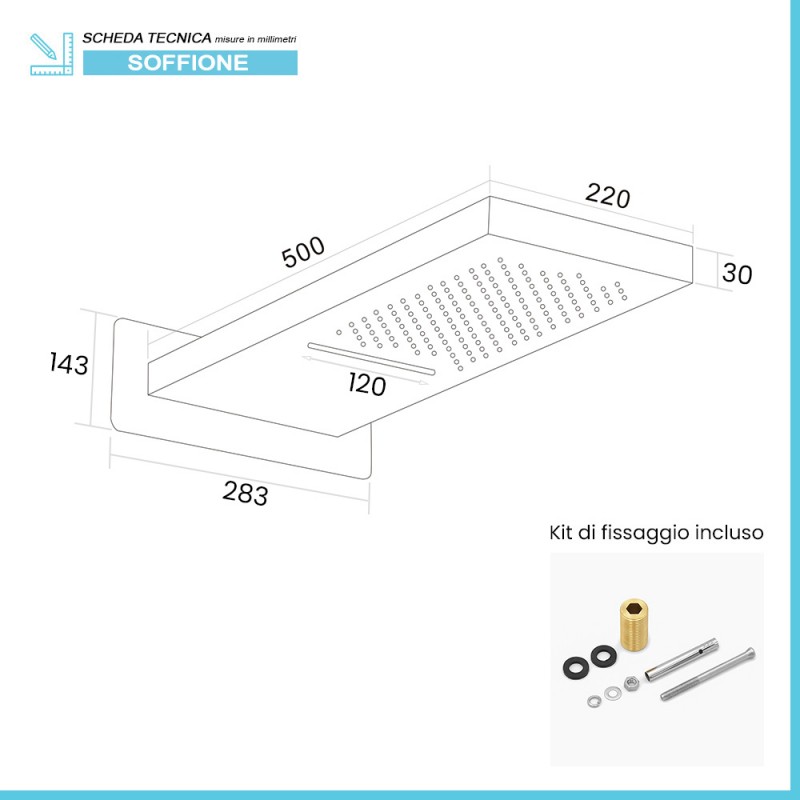 Soffione doccia con cascata in acciaio 480x250 mm