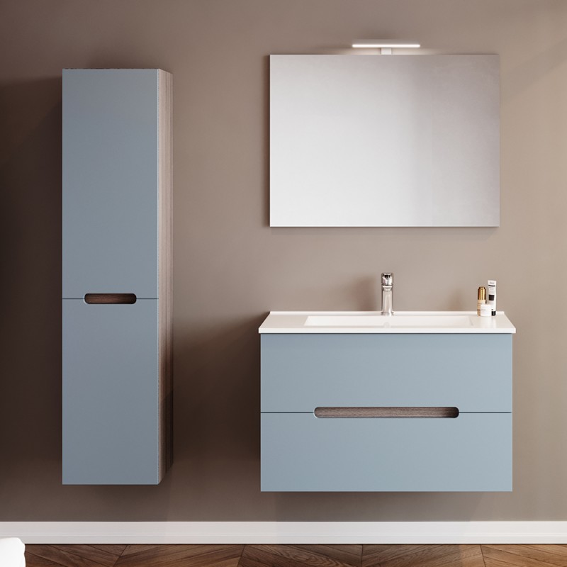 Mobile bagno sospeso 80 rovere fumo e blu pastello con lavabo e specchio  Iris