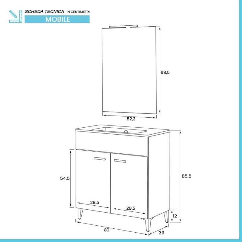 Mobile bagno rovereto cm 56 due ante a terra con zoccolo lavabo specchio  bianco rovere chiaro br