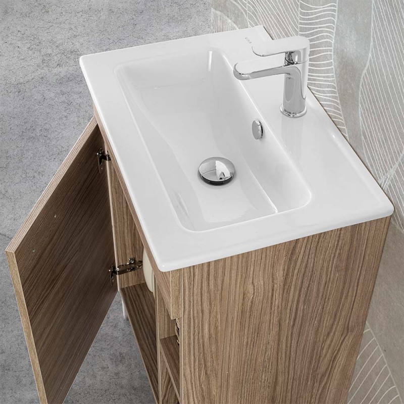 Mobile bagno a terra 60 cm rovere tropea con 1 anta lavabo e specchio