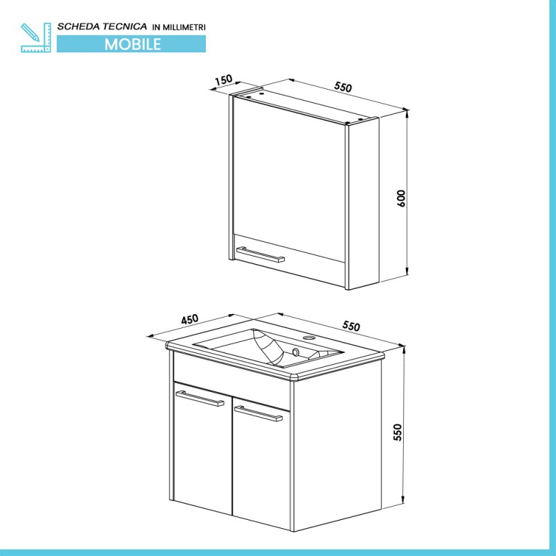 Mobile bagno sospeso 100 cm blu effetto legno con armadietto a specchio  Sofia