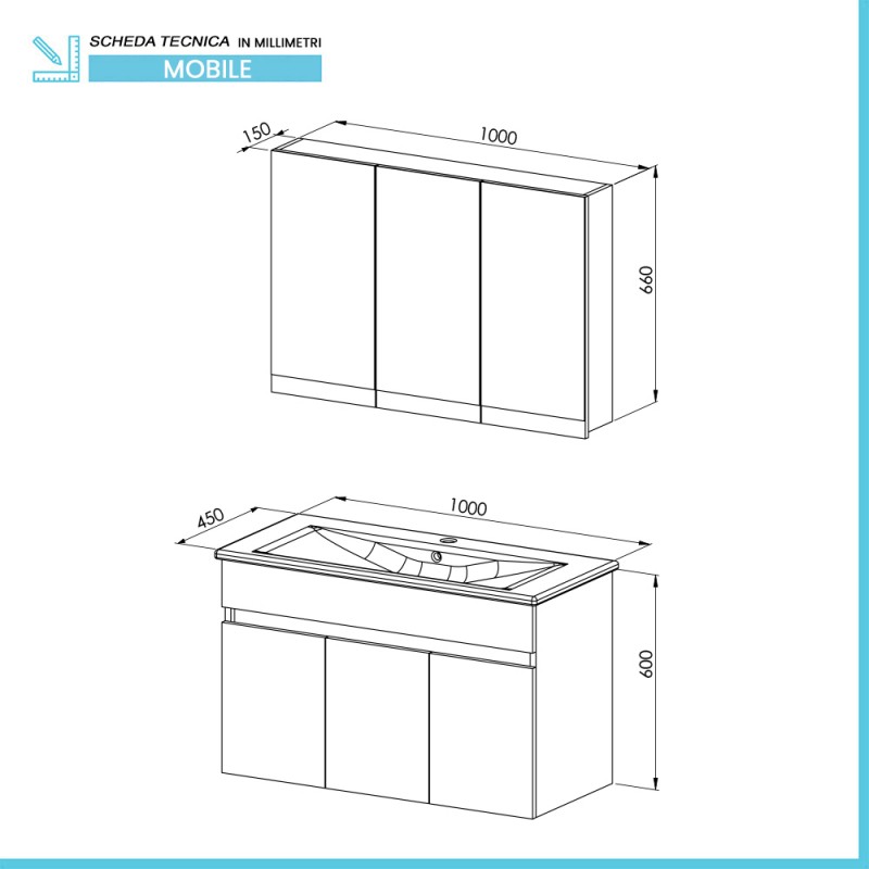 Mobile sospeso 100cm con cassetto scorrevole   Colore Mobile  Finitura Legno Marrone - 8702