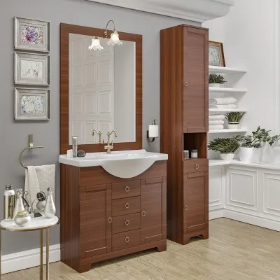 Mobile bagno sospeso 115 cm noce lavabo a dx specchio e pensile - Rilievo