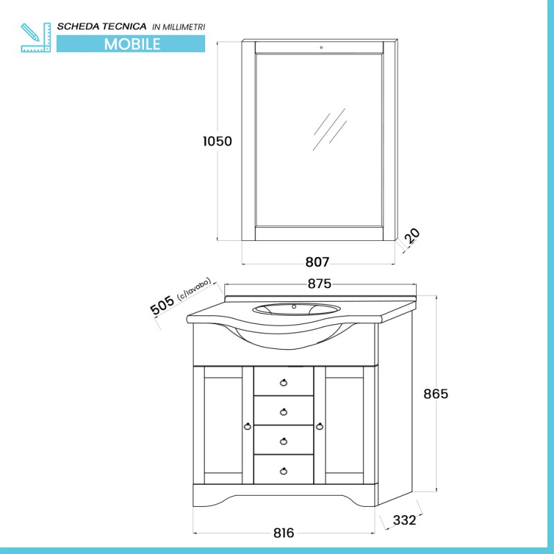 Mobile bagno a terra 85 cm noce con lavabo specchio e lampada Romantica