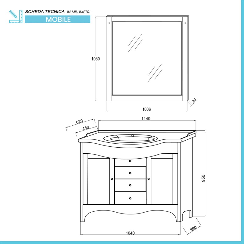 Mobile bagno a terra 115 cm noce con lavabo specchio e lampade Romantica