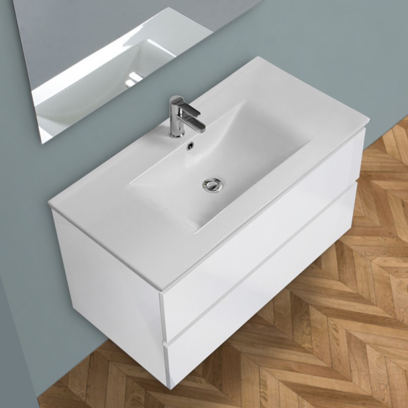 Mobile bagno sospeso bianco lucido 100 cm lavabo e specchiera LED Easy