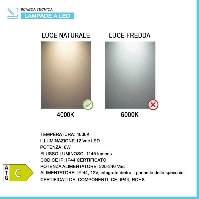 Specchio ingranditore da bagno quadrato a parete con luce led e cornice  sabbiata