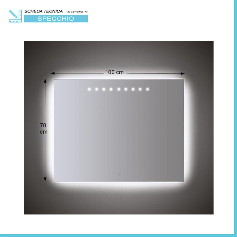 Specchiera LED 100x70 con punti superiori sabbiati e illuminazione  perimetrale