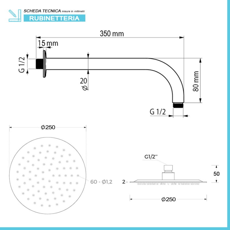 Kit soffione doccia tondo diametro 25 cm. braccio L. 35 cm. - LBR Shop