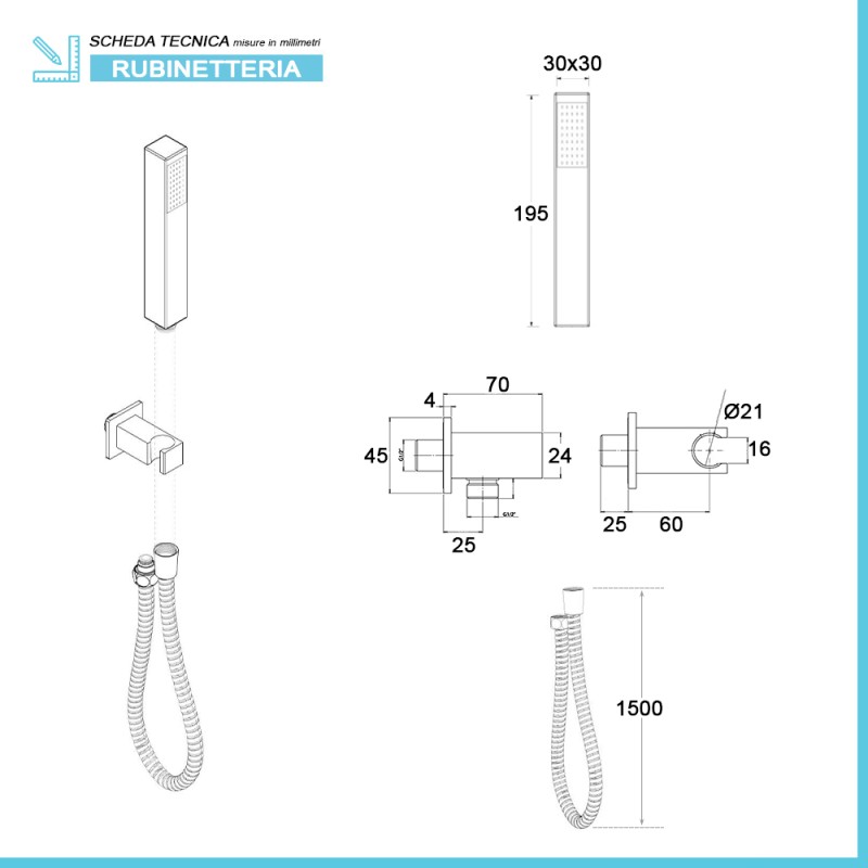 Soffione doccia rettangolare 30x20 cm e braccio 40 cm anticalcare