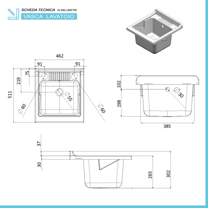 LAVATOIO RESINA 45x85x50 cm (LxHxP) VASCA RESINA SIFONE ED ASSE IN  POLIPROPILENE