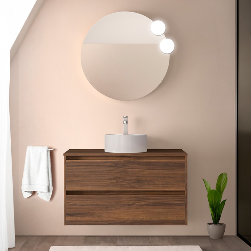 Mobile bagno sospeso 90 cm noce maya con top e specchio Gaya