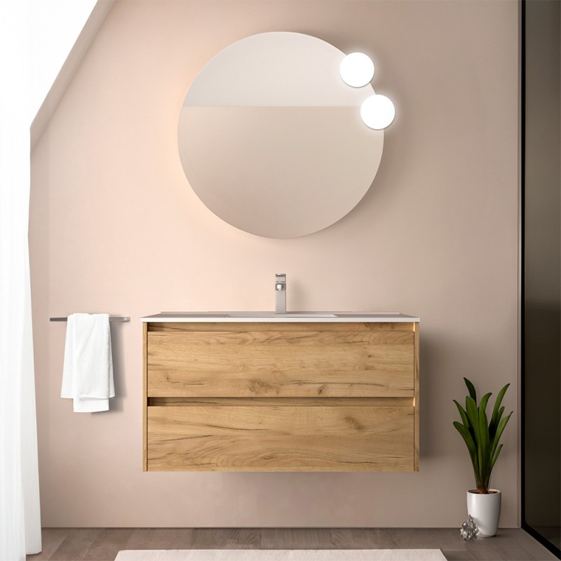 Mobile bagno sospeso 90 cm rovere africa con specchio e lavabo Gaya