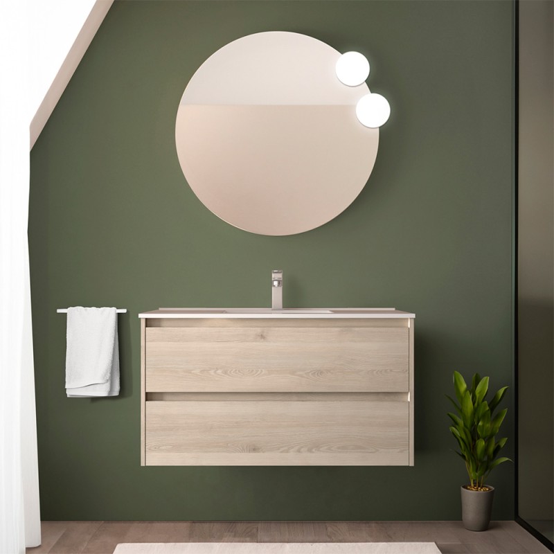 Mobile bagno sospeso 90 cm rovere bali con specchio e lavabo Gaya