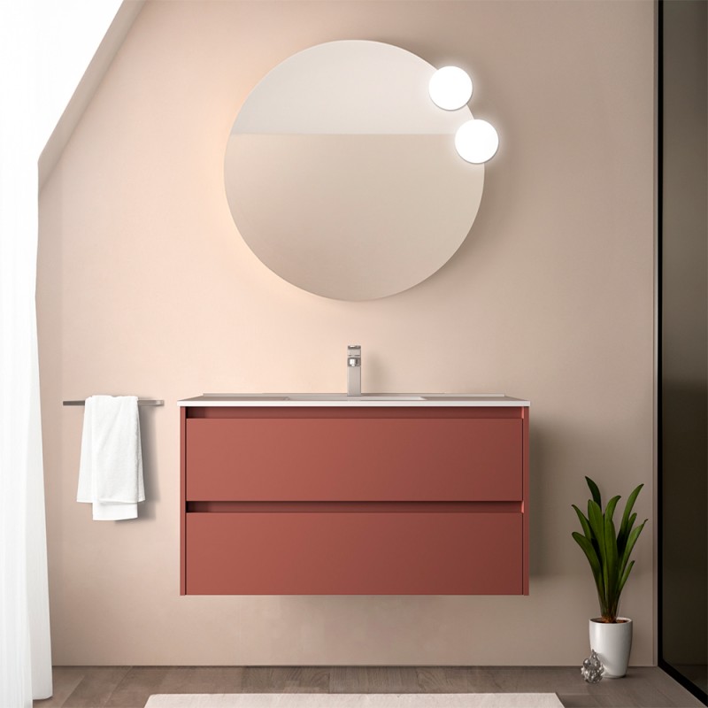 Mobile bagno sospeso 90 cm rosso satinato con specchio e lavabo Gaya