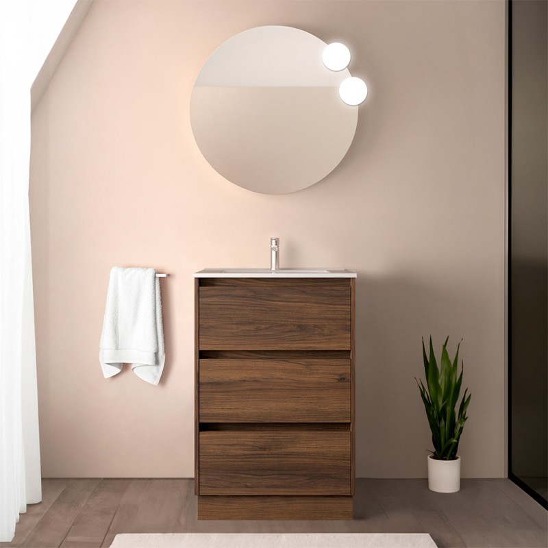 Mobile bagno a terra 60 cm noce maya con specchio e lavabo Gaya