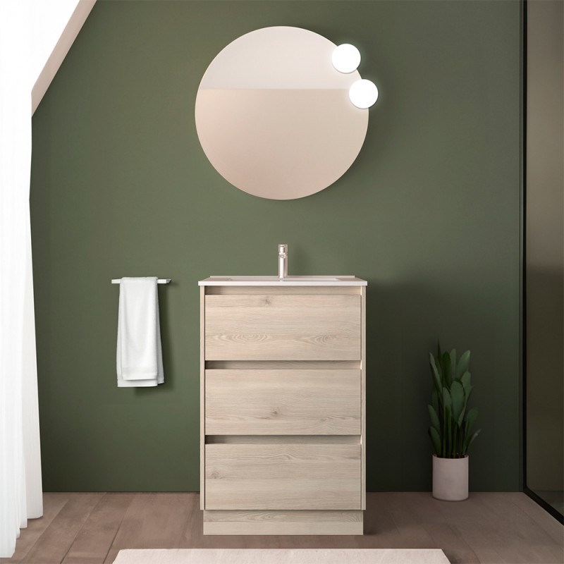 Mobile bagno a terra 60 cm rovere bali con specchio e lavabo Gaya