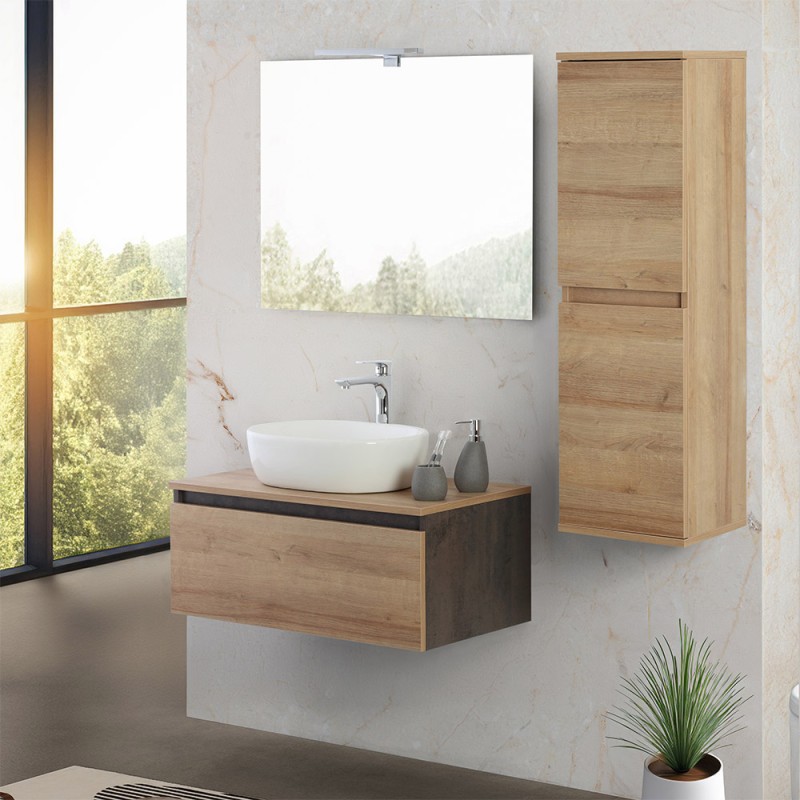 Mobile bagno sospeso 80 cm ossido e rovere con lavabo e specchio Kleo