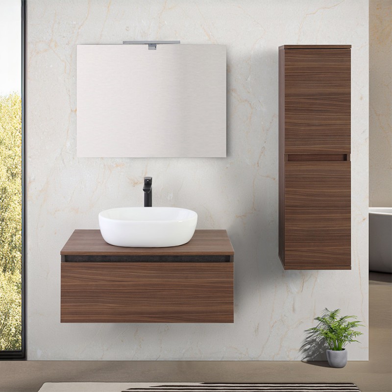 Mobile bagno sospeso 80 cm ossido e noce con lavabo e specchio Kleo