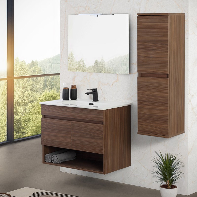 Mobile bagno sospeso 80 cm noce canaletto con ante e vano a giorno Kleo