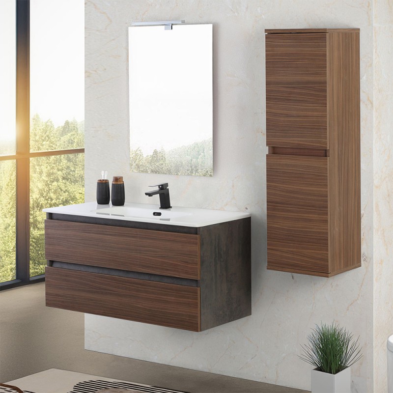 Mobile bagno sospeso 100 cm ossido e noce  con cassetti soft-close Kleo